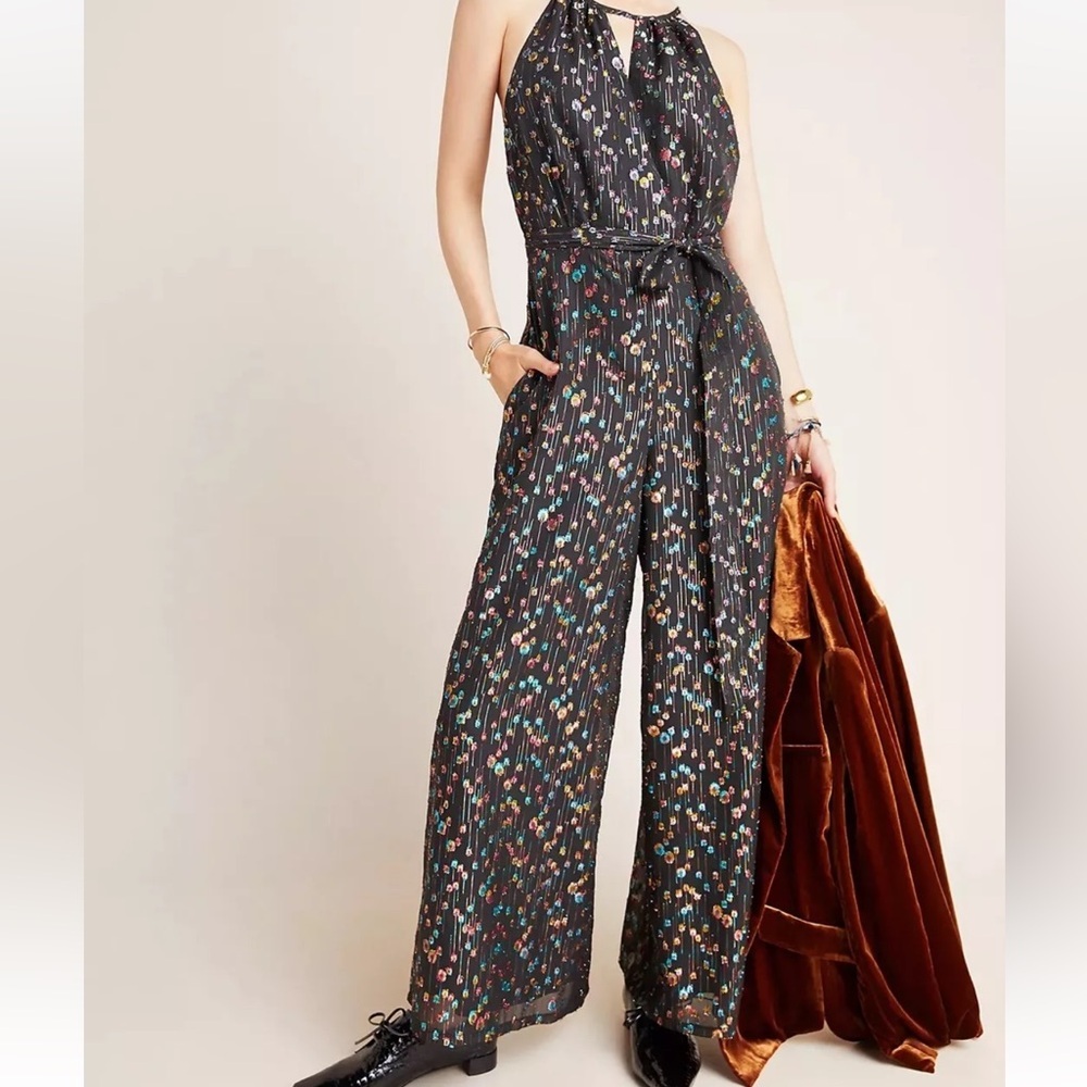 Anthropologie Edita Halter Jumpsuit By Eva Franco - Black rainbow Motif - Size 4